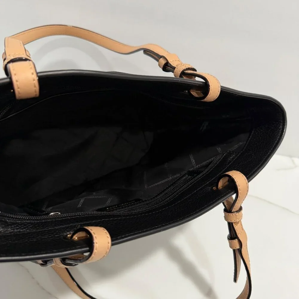 Michael Kors Bedford Pebbled Leather Pocket Tote Handbag Black Tan Straps Travel - Picture 11 of 12